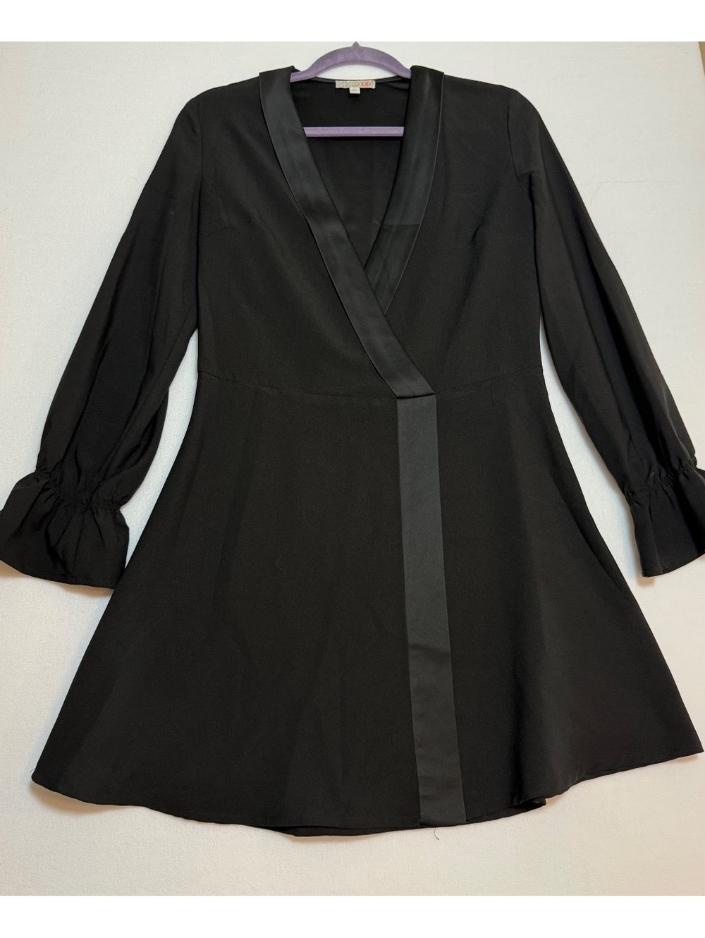 Black Long Sleeve A-Line Dress with Satin Trim